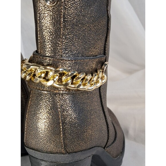 GUESS GGGreedy Women’s 7M Ankle Booties Block Heel Gold Metallic Chain - Picture 6 of 13